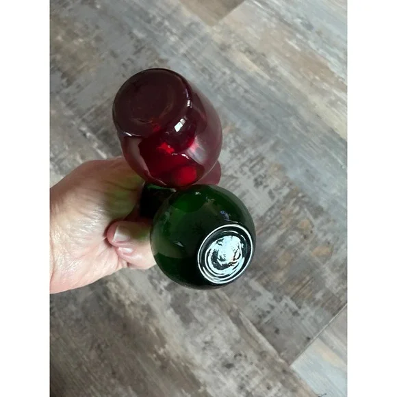 Vintage Miniature Glass Bud Vases Set of 2 Ruby Red Emerald Green Holiday Decor - Picture 3 of 4